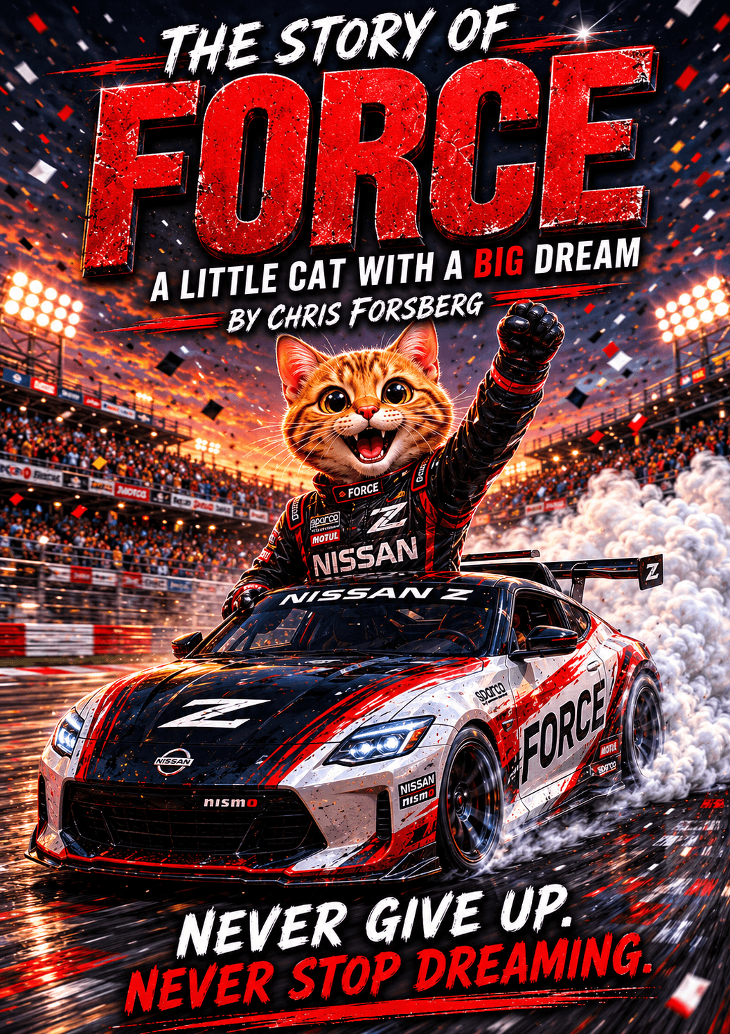 Cover of The Story of Force: a rescue cat in racing gear cheering from a drifting Nissan Z