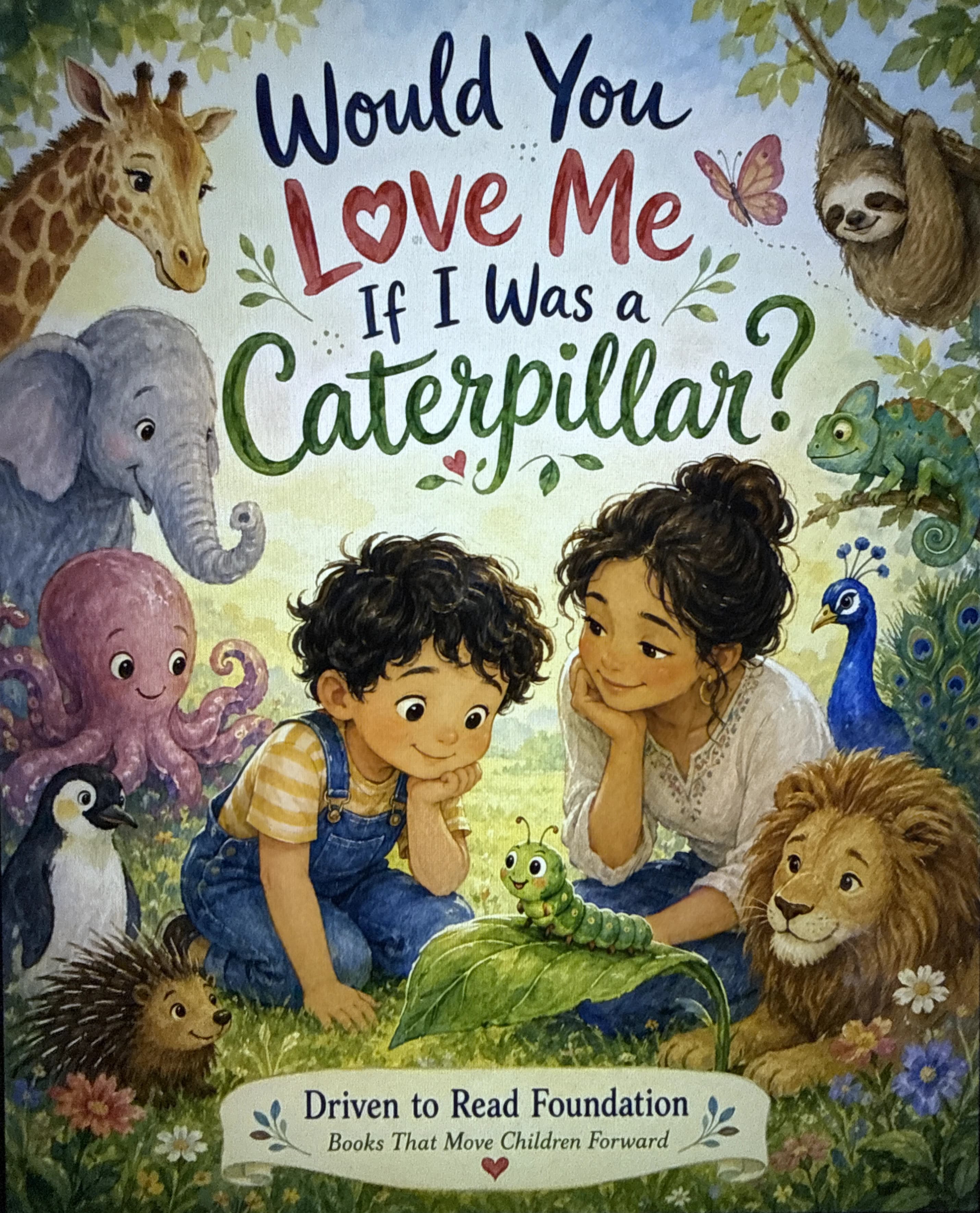 Cover of Would You Love Me If I Was a Caterpillar?, with two children and a caterpillar surrounded by animals
