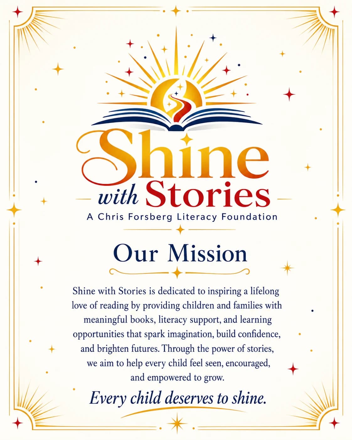 Liz Forsberg's illustrated Shine with Stories mission poster, with a sunburst over an open book.